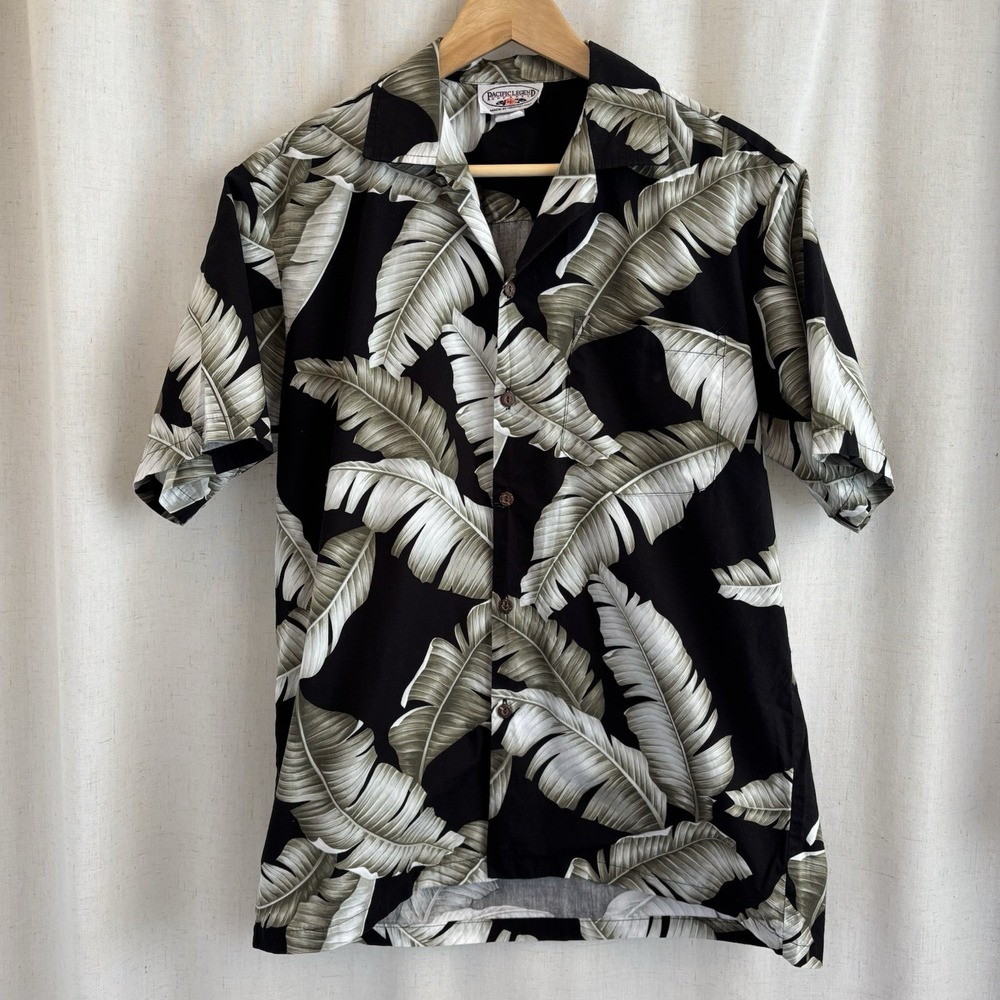 Pacific Legend Hawaiian Shirt Black Green Palm Leaves Size Medium Made In Hawaii